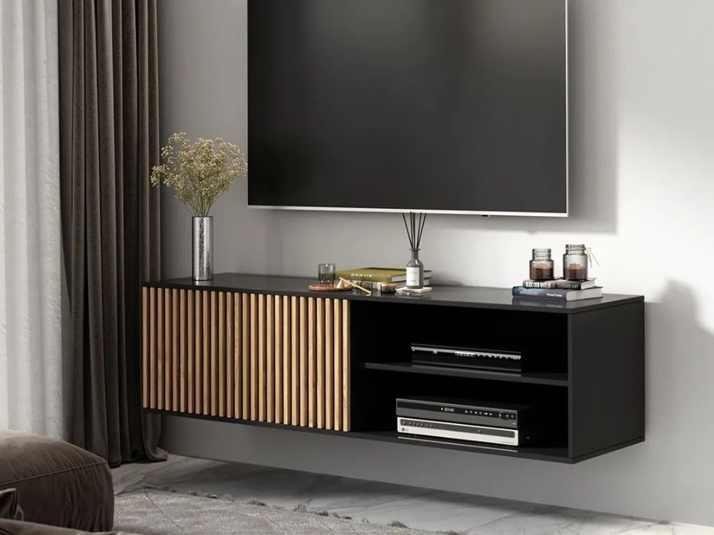 OFERTA Dulap TV suspendat MEORATI 150x40 cm, negru/dub artisan II. calitate