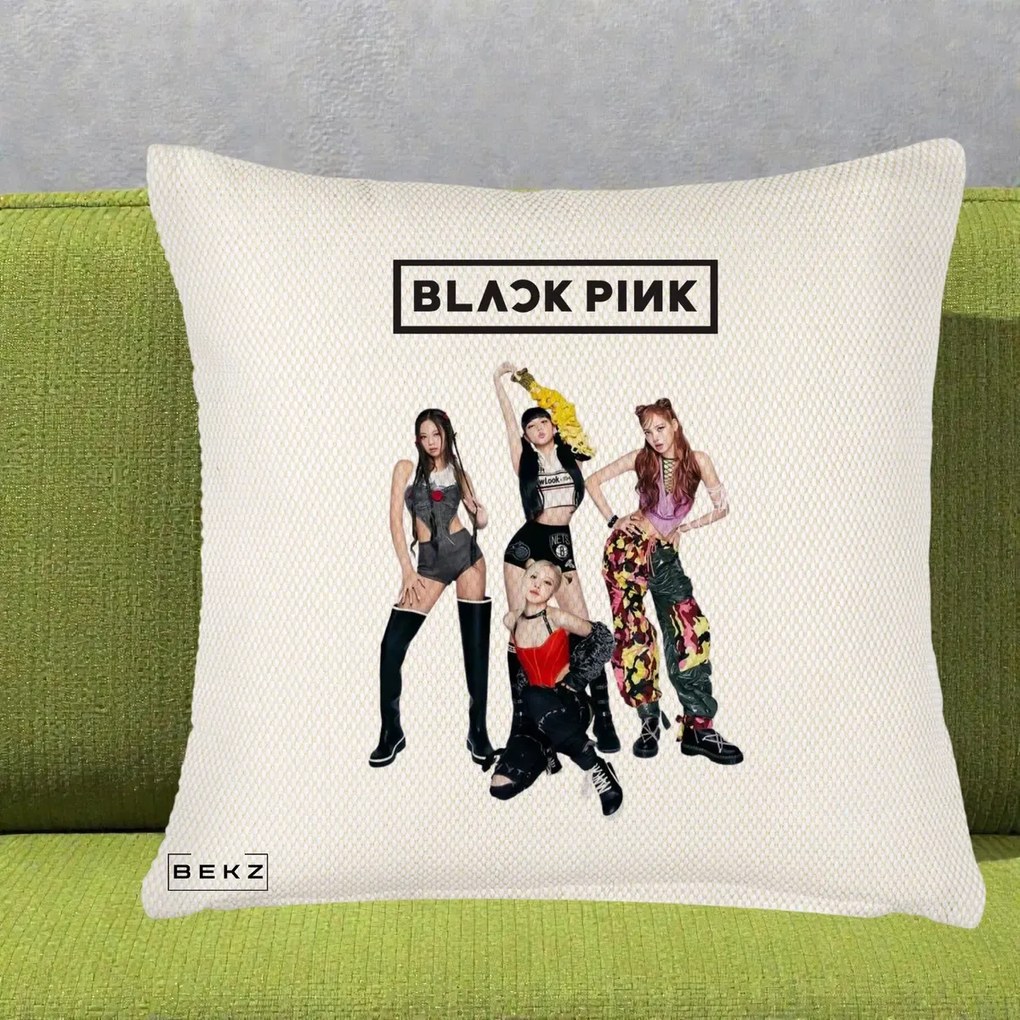 Perna Personalizata K-pop BLACKPINK Fotografie de Grup, 40x40 cm, Crem Reliefat, Husa Detasabila, Perna Inclusa, BEKZ®