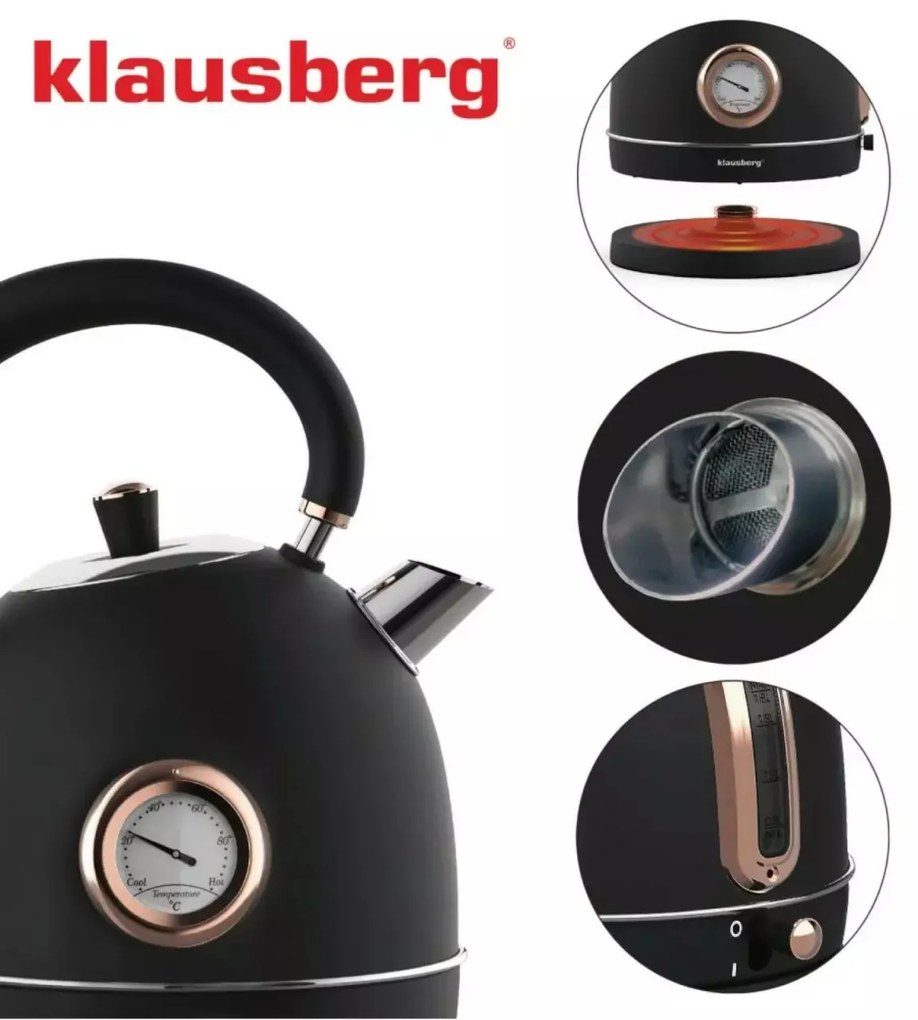 Fierbator de apa model rustic 1.8 l Klausberg KB7905 negru-auriu