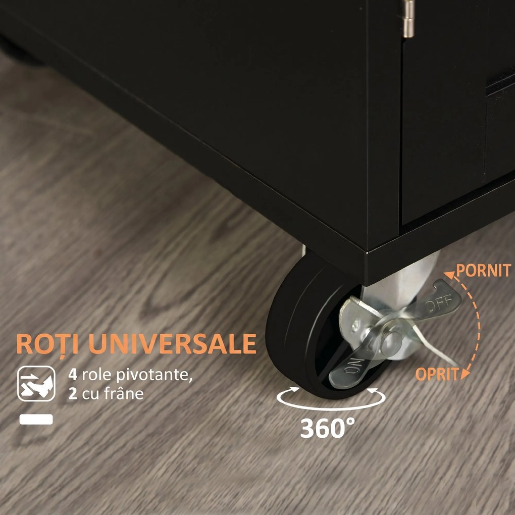 HOMCOM Cărucior de Bucătărie cu Sertar și Dulap cu 2 Uși, Insulă de Bucătărie cu roți și bară laterală, 83x45x91.5 cm, Negru | Aosom Romania