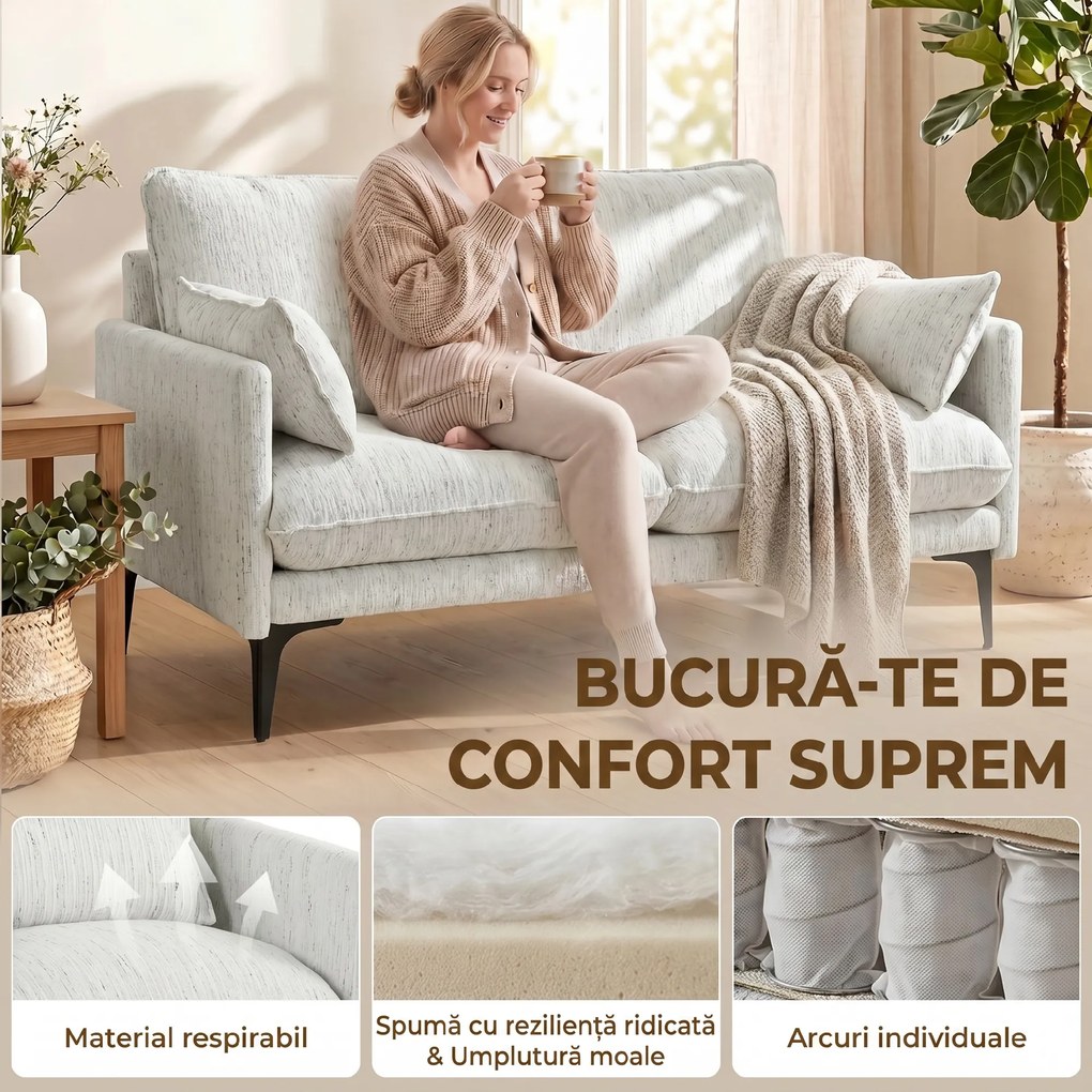 HOMCOM Canapea 2 Locuri cu Brațe, Perne Groase și 2 Perne, 131x78x83 cm, Alb | Aosom Romania