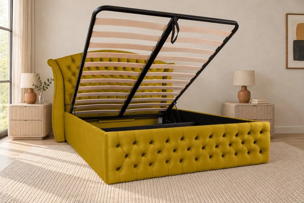 Pat tapițat Chesterfield din catifea Sorella Simple 140×200 cm, galben muștar, cu ladă de depozitare