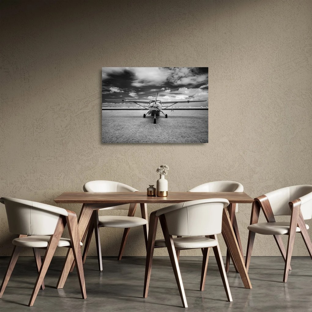Tablou pe sticlă - Avion alb-negru și alb-negru (70x50 cm)