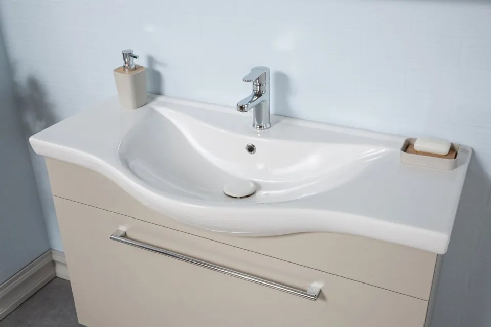 Set Mobilier Baie Arches, Include Baza Lavoar, Lavoar și Oglinda, 100 cm, Latte