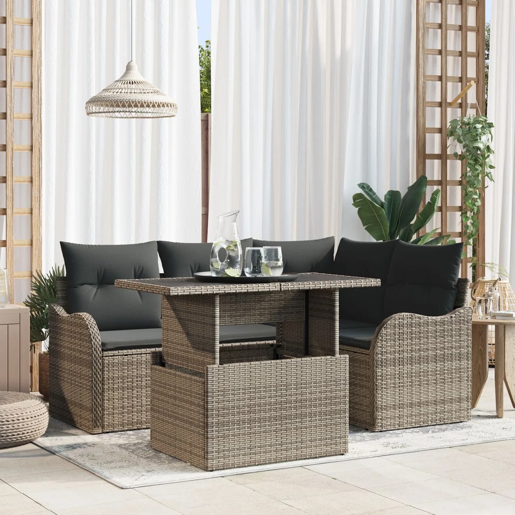 vidaXL Set de canapele pentru grădină cu pernă 5 pcs Gri Rattan poli