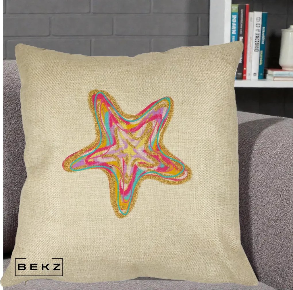 Perna Decorativa Stea de Mare Neon Curcubeu, 40x40 cm, Crem, Husa Detasabila, Perna Inclusa, BEKZ®