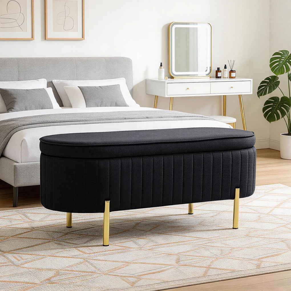 HOMCOM Bancă de Depozitare Ovală 72L cu Capac Rabatabil, din Catifea și Lemn, 108 x 44 x 43,5 cm, Negru | Aosom Romania