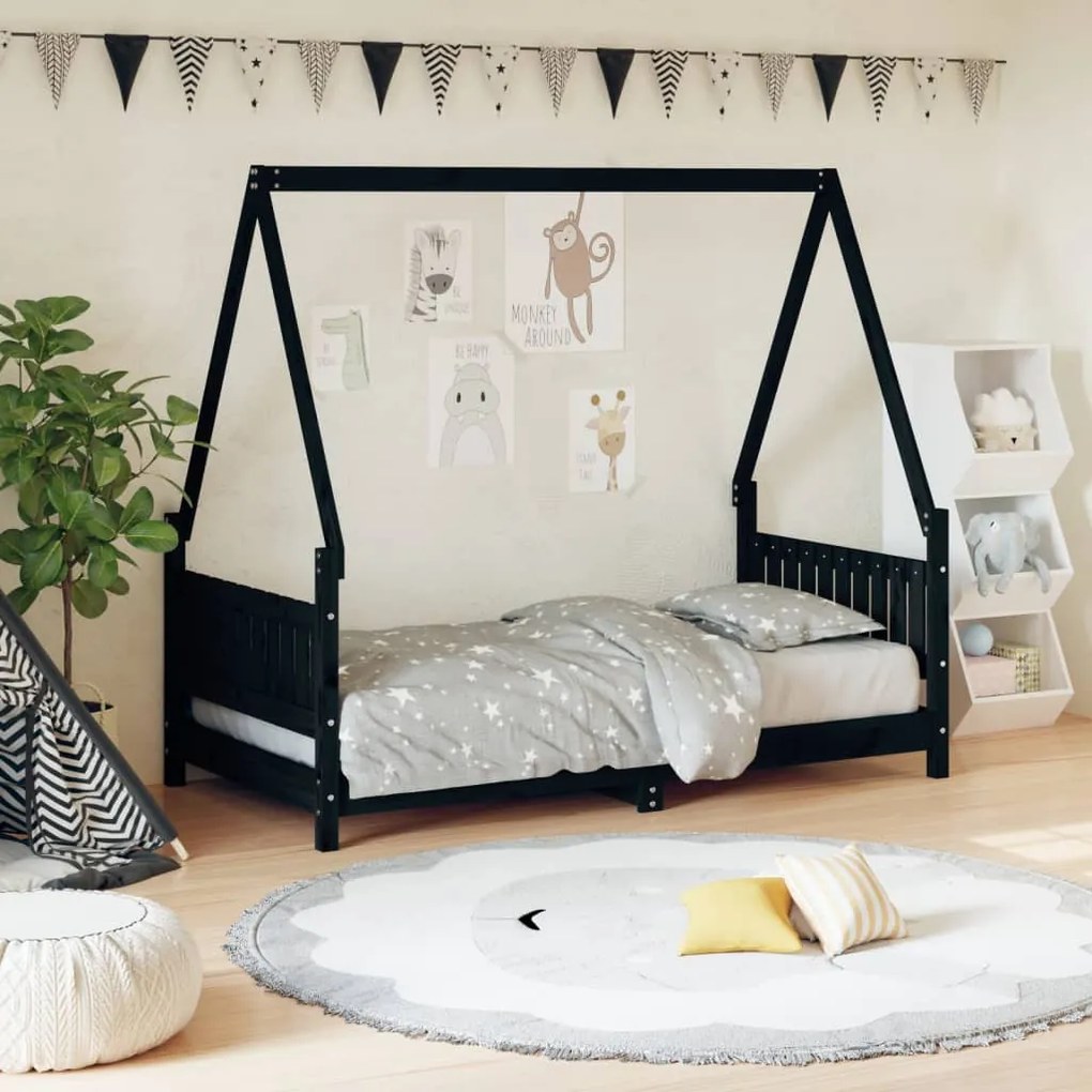 834506 vidaXL Cadru de pat pentru copii, negru, 80x160 cm, lemn masiv de pin