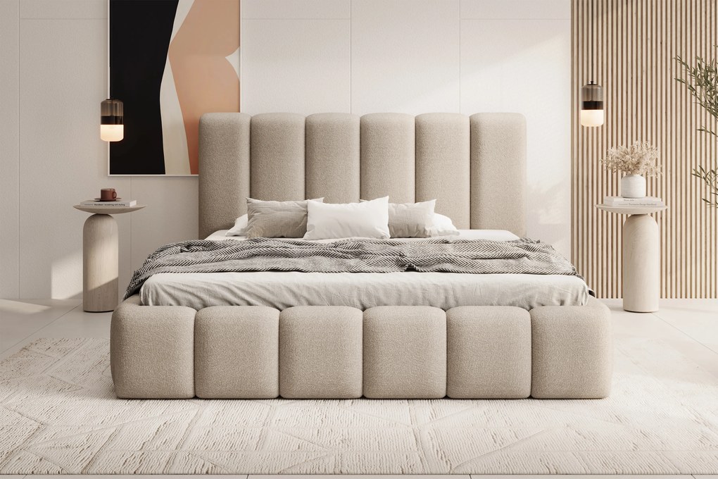 Pat tapițat Aura 180x200 cu spațiu depozitare - bouclé bej Quelle 05