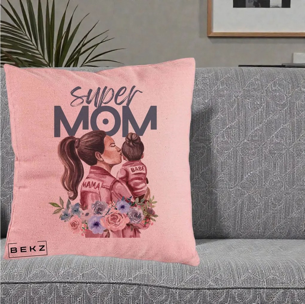 Cadou pentru Mama - Perna Personalizata Super Mom Mama cu Bebelusul, 40x40 cm, Roz, Husa Detasabila, Perna Inclusa, BEKZ®