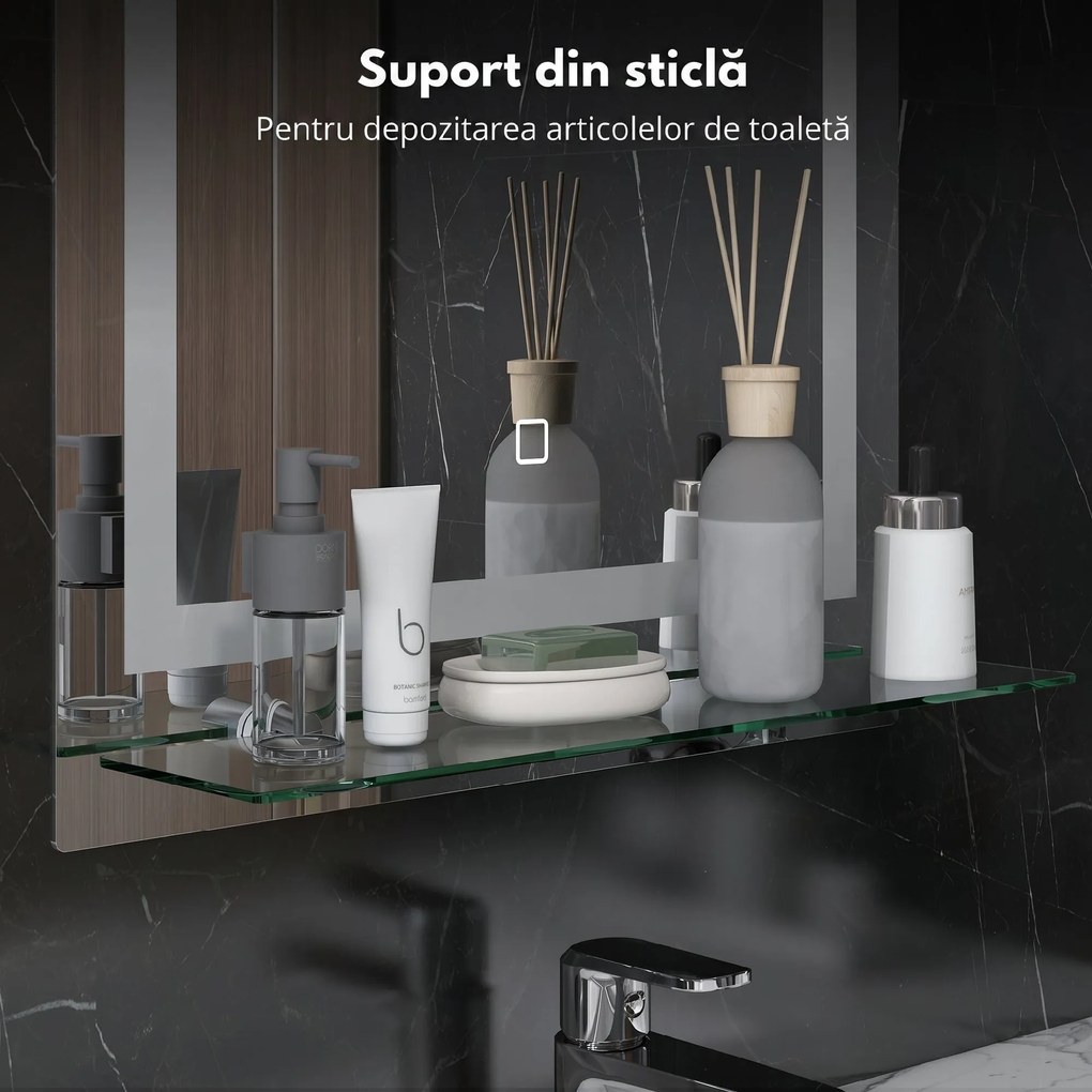 Kleankin Oglindă de Baie cu Lumini LED în 3 Culori Reglabile și Raft din Sticlă, 50x12x70 cm, Argintiu | Aosom Romania