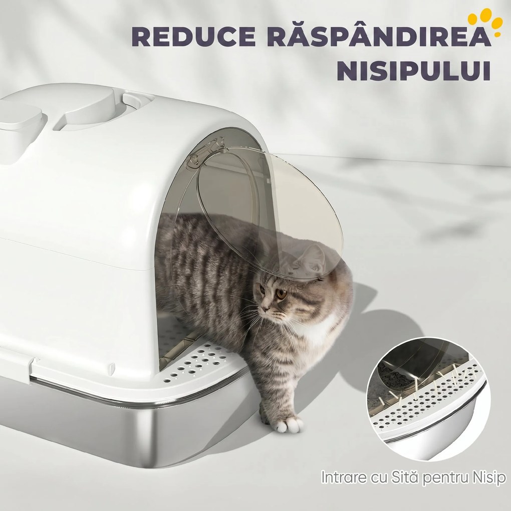 PawHut Litieră închisă pentru pisici L din oțel inoxidabil, cu mâner, lopățică și plic deodorant, anti-risipire, albă | Aosom Romania