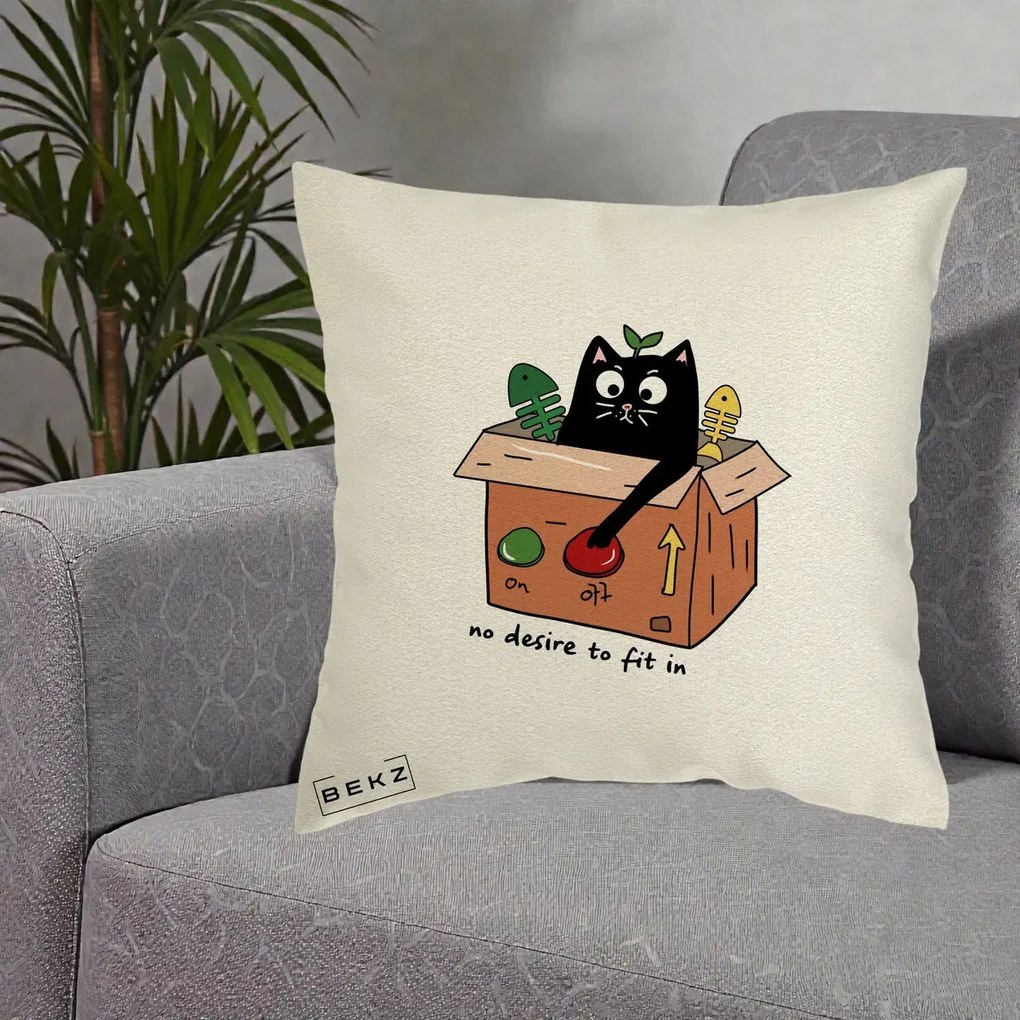 Perna Decorativa Pisica in Cutie No Desire to Fit In, 40x40 cm, Ecru, Husa Detasabila, Perna Inclusa, BEKZ®