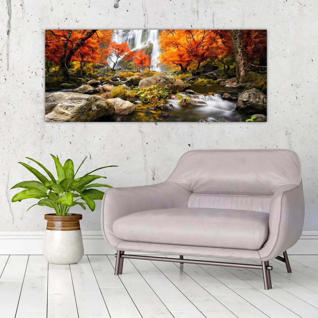 Tablou - Cascade în peisaj de toamnă, portocaliu (120x50 cm)