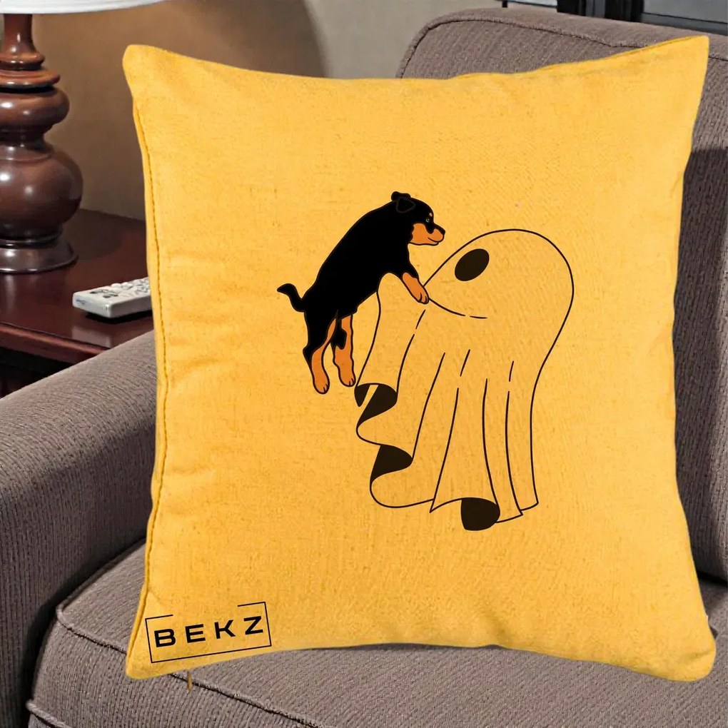 Perna Decorativa Caine Rottweiler Fantoma Halloween, 40x40 cm, Galben, Husa Detasabila, Perna Inclusa, BEKZ®