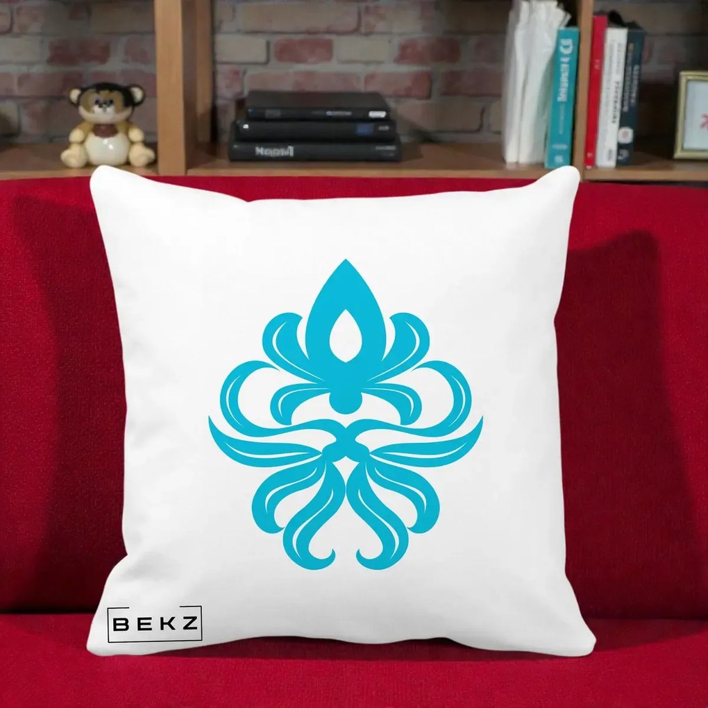 Perna Decorativa Ornament Turcoaz Fleur de Lis, 40x40 cm, Alba Mata, Husa Detasabila, Perna Inclusa, BEKZ®