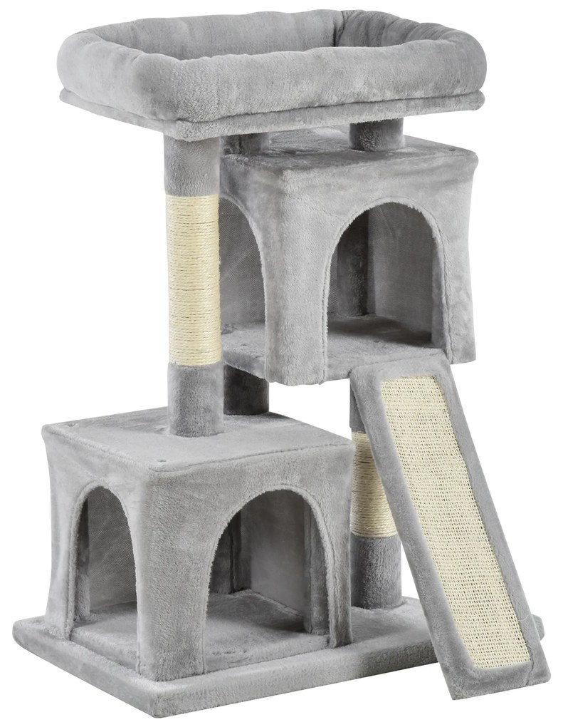 PawHut Ansamblu pentru pisici cu stalpi din sisal, pat si 2 case cu tapiterie de plus, 59x39x83cm, gri | Aosom Romania