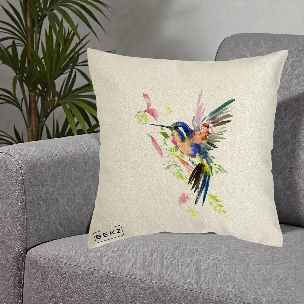 Perna Decorativa Colibri Acuarela, 40x40 cm, Ecru, Husa Detasabila, Perna Inclusa, BEKZ®