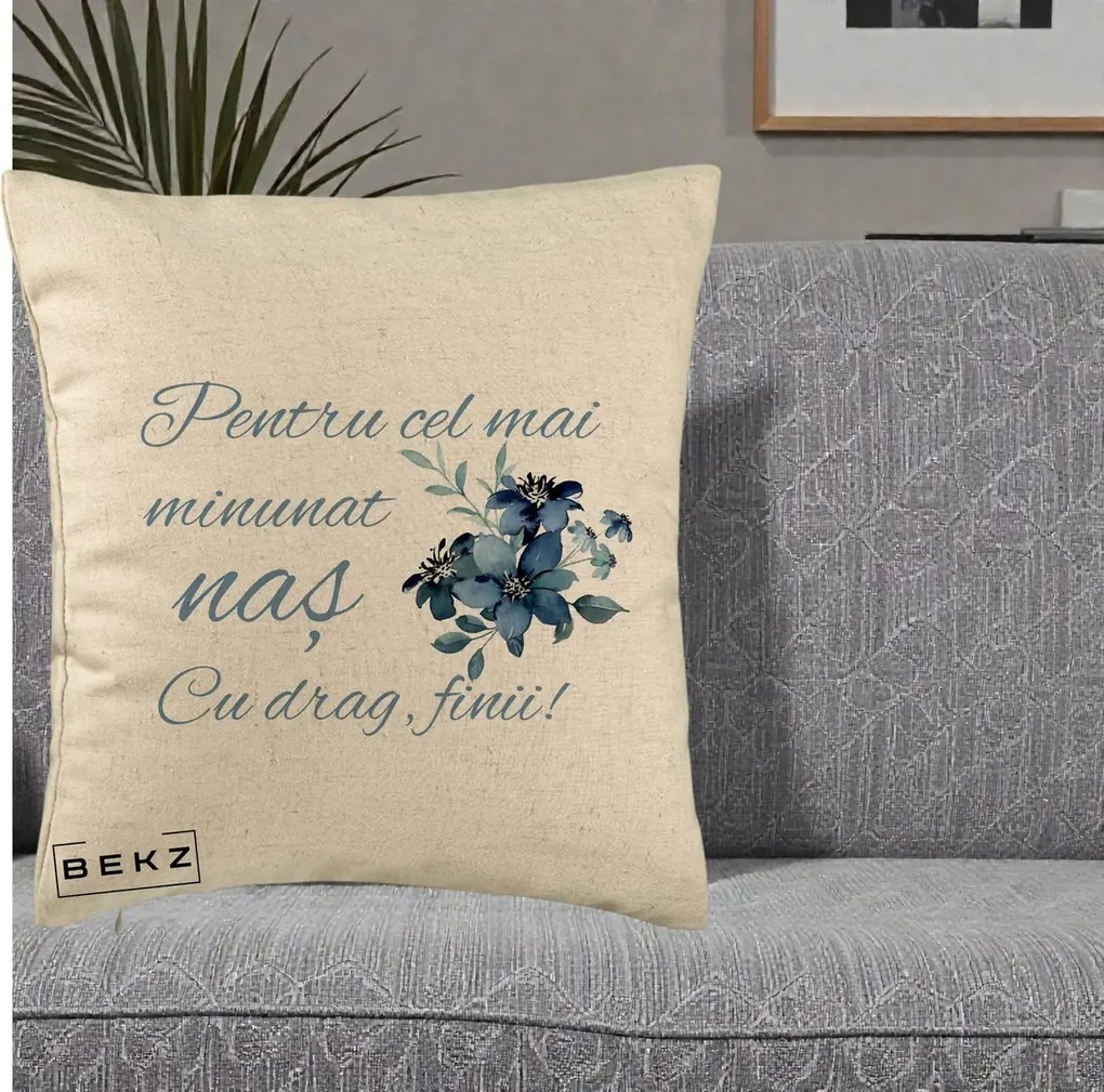 Cadou pentru Nas - Perna Personalizata Pentru Cel mai Minunat Nas Cu drag Finii, 40x40 cm, Bej, Husa Detasabila, Perna Inclusa, BEKZ®