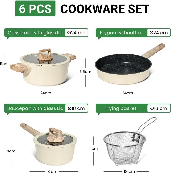 Set cratite, cos de prajit si tigaie Just Perfecto JL-331, 6 piese, Acoperire marmura, Inductie, Capac din sticla cu orificiu pentru abur, Bej