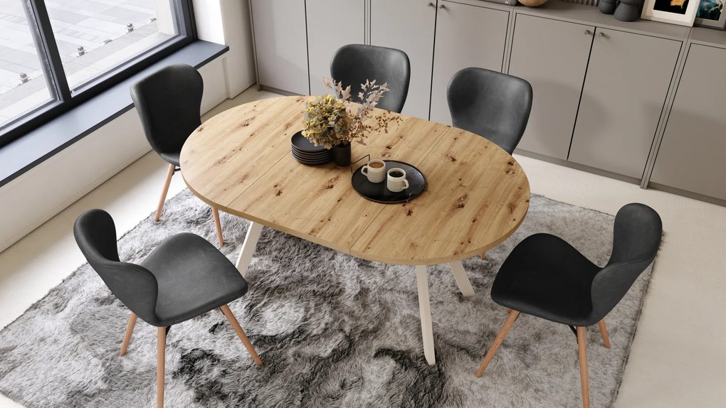 Mazzoni ALDO Stejar Artisan/picioare bej - MASĂ ROTUNDĂ EXTENSIBILĂ CU PICIOARE ÎN FORMĂ DE "Y" STIL LOFT PENTRU SALON/SUFRAGERIE