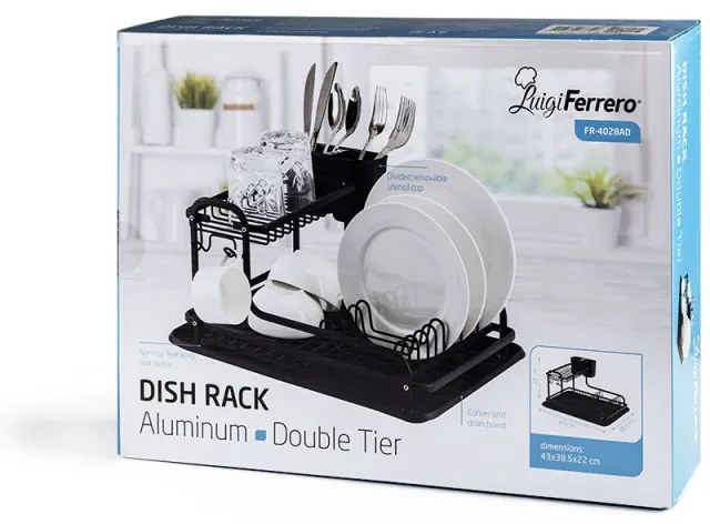 Uscător de vase Luigi Ferrero FR-4028AD, 43x38.5x22 cm, 2 niveluri, Tavă de scurgere, Antiderapant, Suporturi, Negru