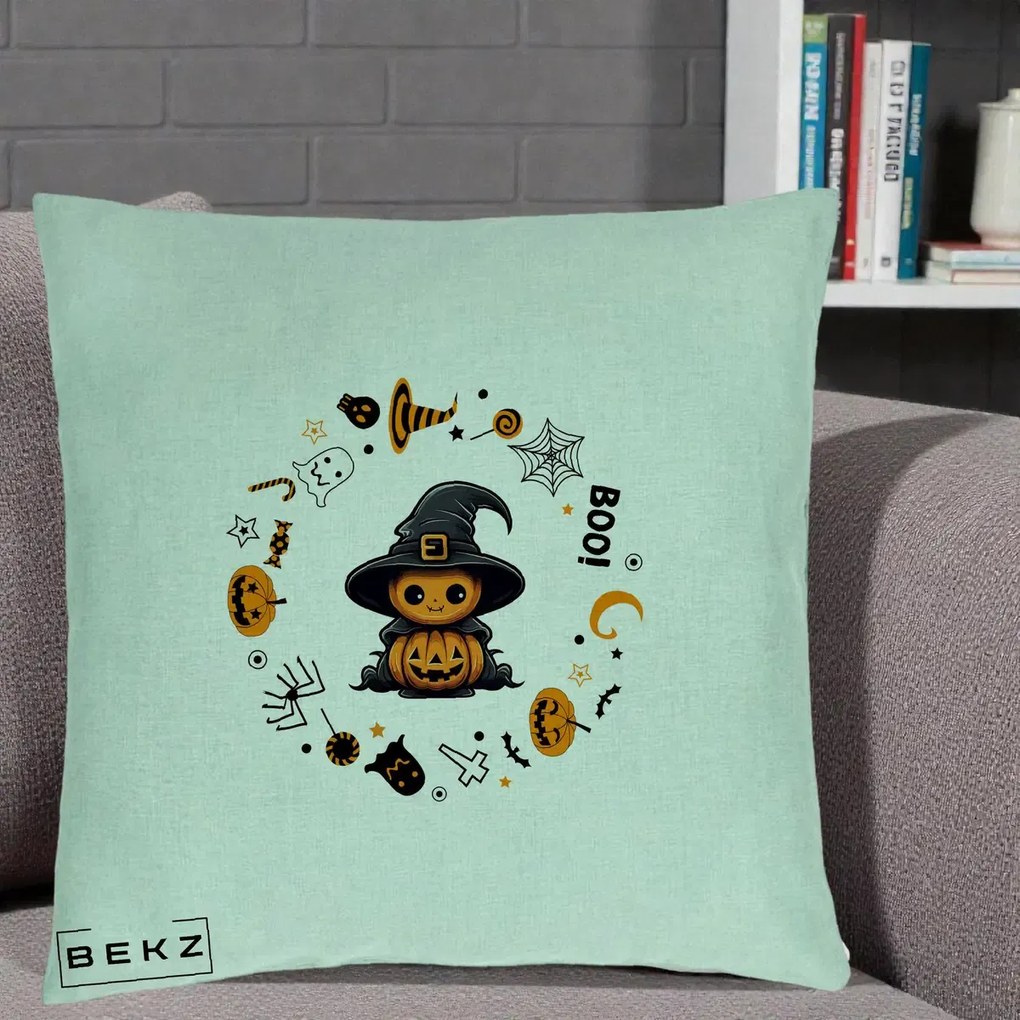 Perna Decorativa Halloween Dovleac Vrajitor Boo cu Simboluri, 40x40 cm, Verde Menta, Husa Detasabila, Perna Inclusa, BEKZ®
