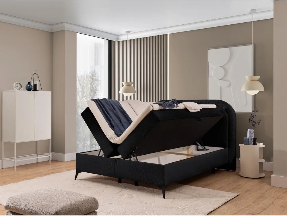 Pat boxspring negru cu spațiu de depozitare 140x200 cm Ornes – Ropez
