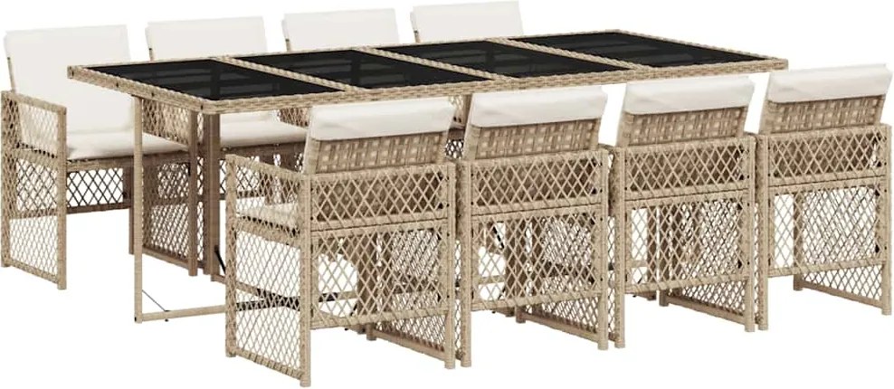 vidaXL Set de masă pentru grădină, 9 piese, cu perne, bej, poliratan