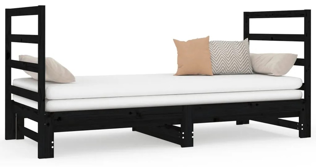 3124766 vidaXL Pat de zi extensibil, negru, 2x(90x190) cm, lemn masiv de pin