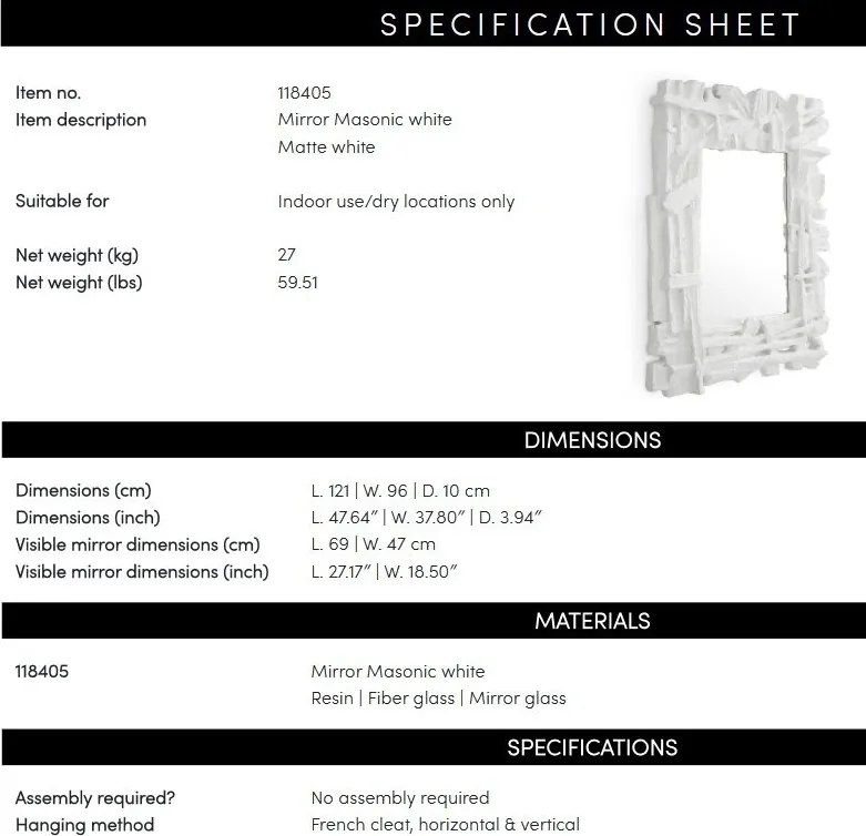 Oglinda decorativa LUX, Fibra de sticla, Alb, Masonic