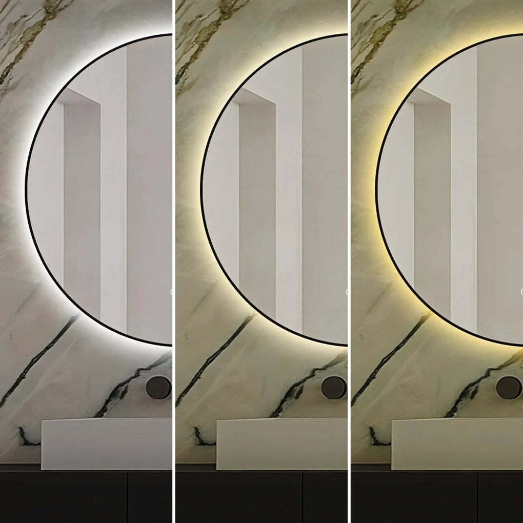 🪞 Oglindă LED cu Touch și Funcție Dezaburire, 3 Tipuri de Lumină – Ø70 cm, Ramă Negru Mat, Model J188-70 Smack