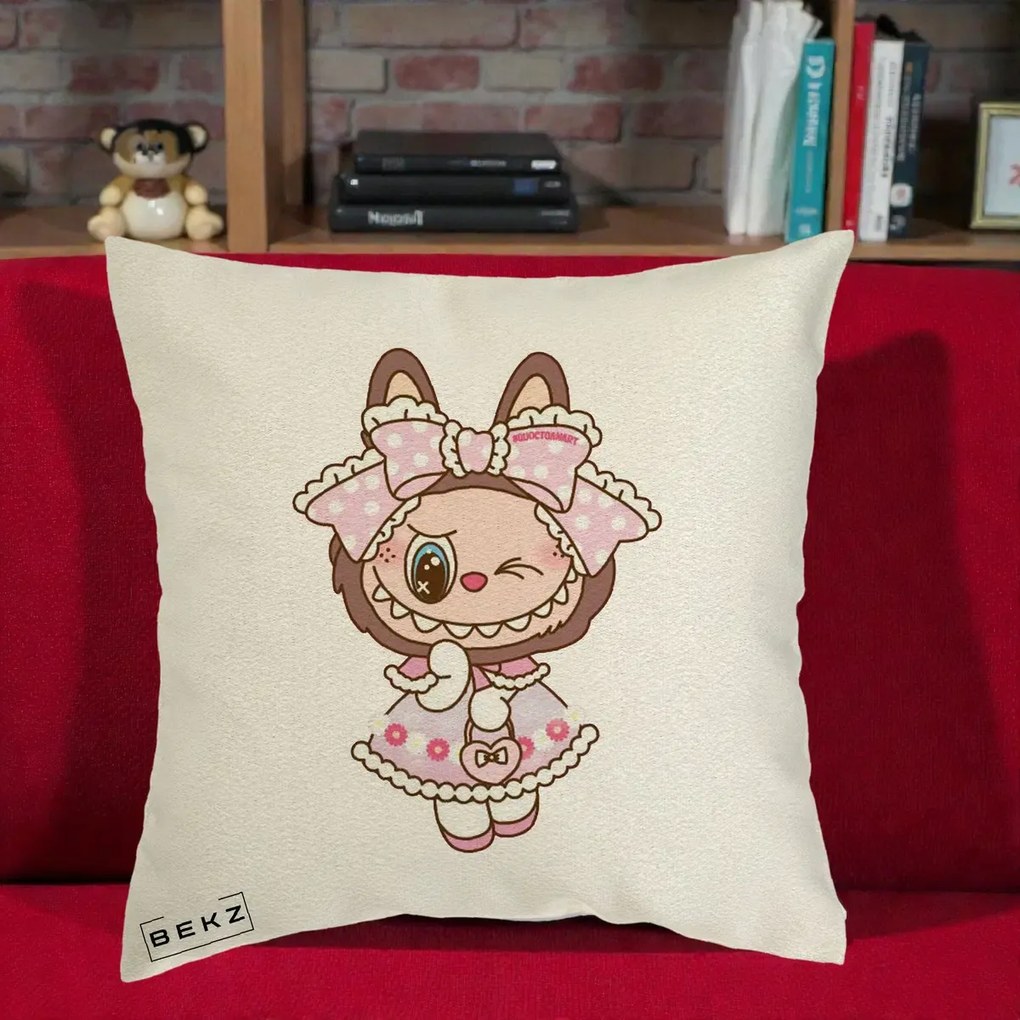Perna Personalizata Labubu Lolita Roz cu Dantela, 40x40 cm, Ecru, Husa Detasabila, Perna Inclusa, BEKZ®