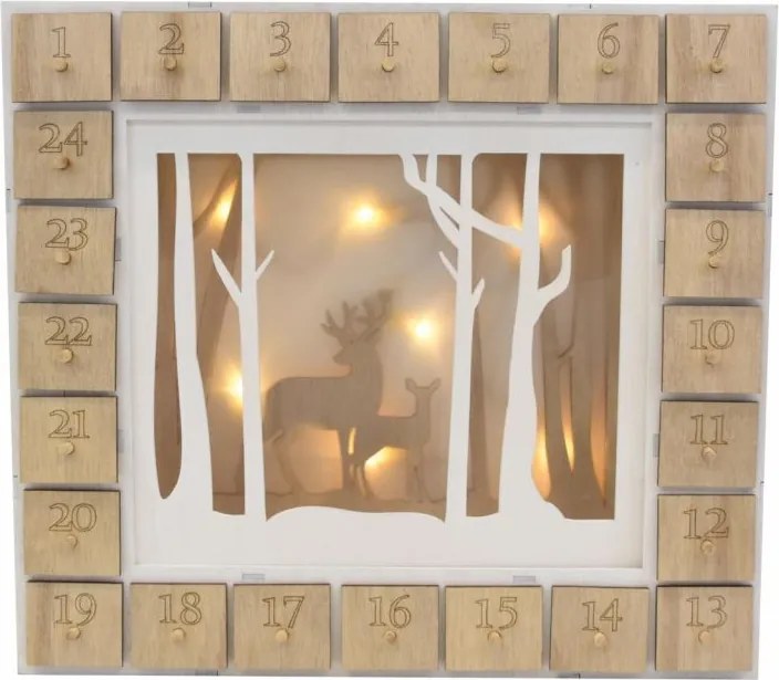 Calendar Crăciun din lemn cu LED și timer, motiv reni, 30x25