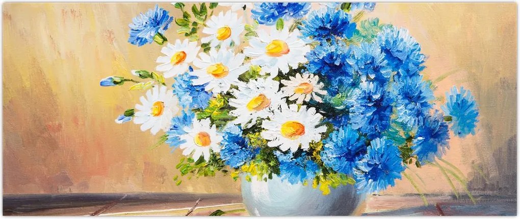 Tablou pictat cu vaza și flori (120x50 cm)