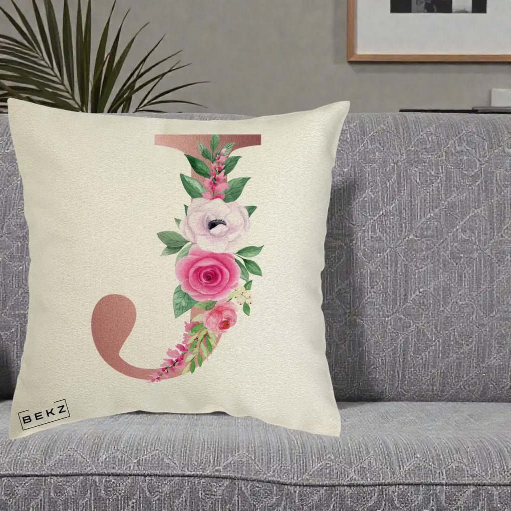 Cadou Personalizat - Perna Personalizata Monograma Rose Gold Litera J, 40x40 cm, Ecru, Husa Detasabila, Perna Inclusa, BEKZ®