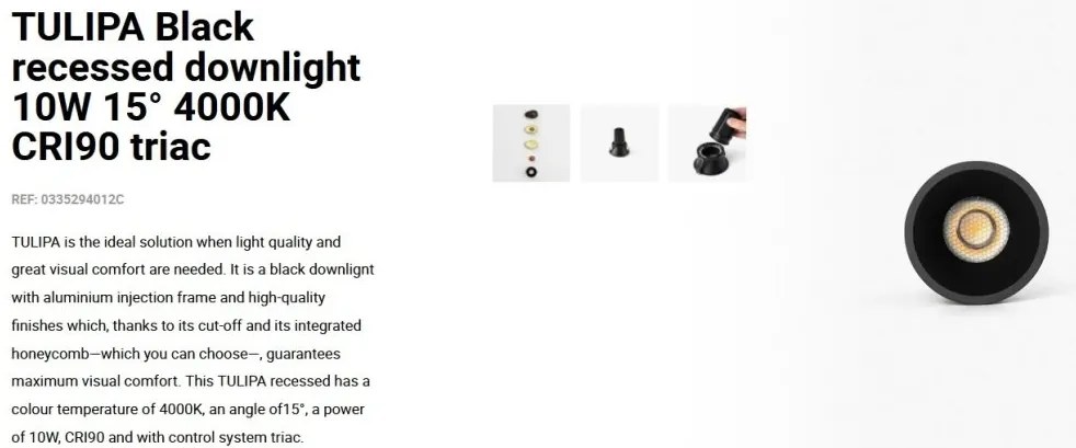 Spot LED incastrabil TULIPA Black recessed downlight 10W 15° 4000K CRI90 triac