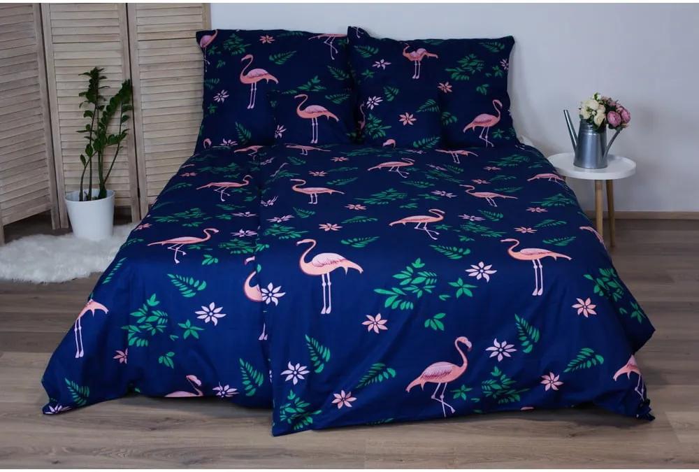 Lenjerie de pat din bumbac Cotton House Flamingo, 140 x 200 cm, albastru închis