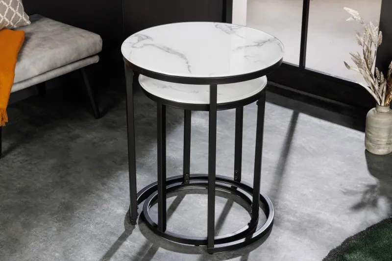 Neînvins Set de masă laterală rotundă Elegance cu 2 rame alb și negru cu aspect de marmură