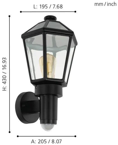 Eglo 97257 - Aplica de perete exterior MONSELICE cu senzor, 1xE27/28W, IP44
