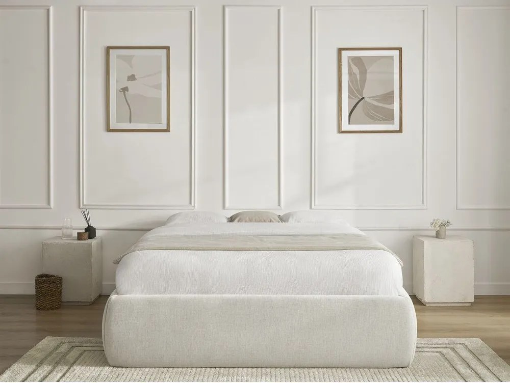 Pat matrimonial bej tapițat cu spațiu de depozitare/fără tăblie cu somieră 180x200 cm Inera – Bobochic Paris