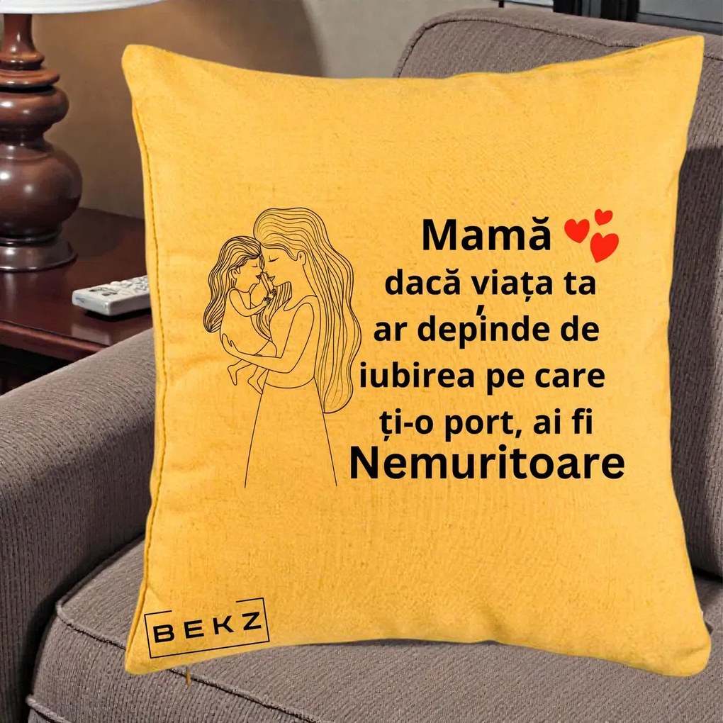 Cadou pentru Mama - Perna Personalizata Mama Nemuritoare cu Copilul in Poala, 40x40 cm, Galben, Husa Detasabila, Perna Inclusa, BEKZ®