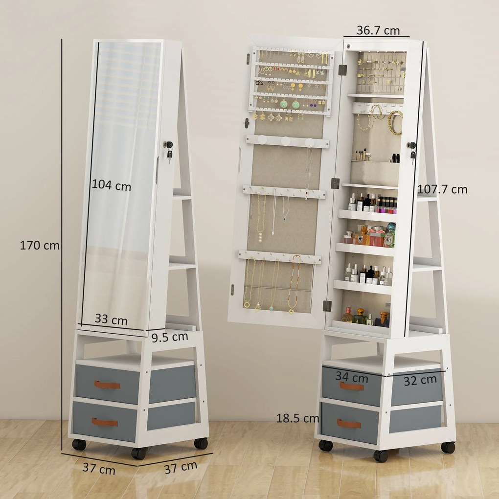 HOMCOM Oglindă Dulap pentru Bijuterii cu LED Interior Roți Pivotant 360° Rafturi Deschise Sertare din Material Textil Alb | Aosom Romania