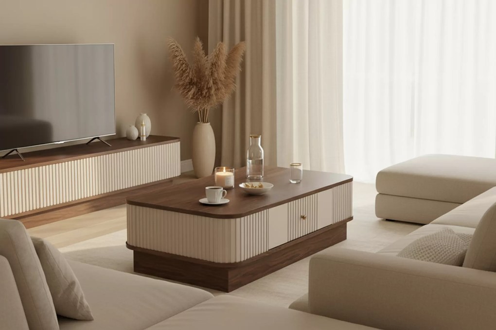 Măsuță de cafea Vesper 103x60 cm cu sertar și mâner auriu - culoare cașmir / nuc