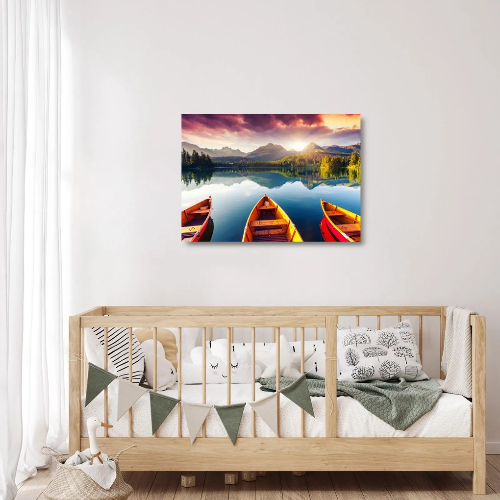 Tablou pe sticlă - Lac cu bărci (70x50 cm)