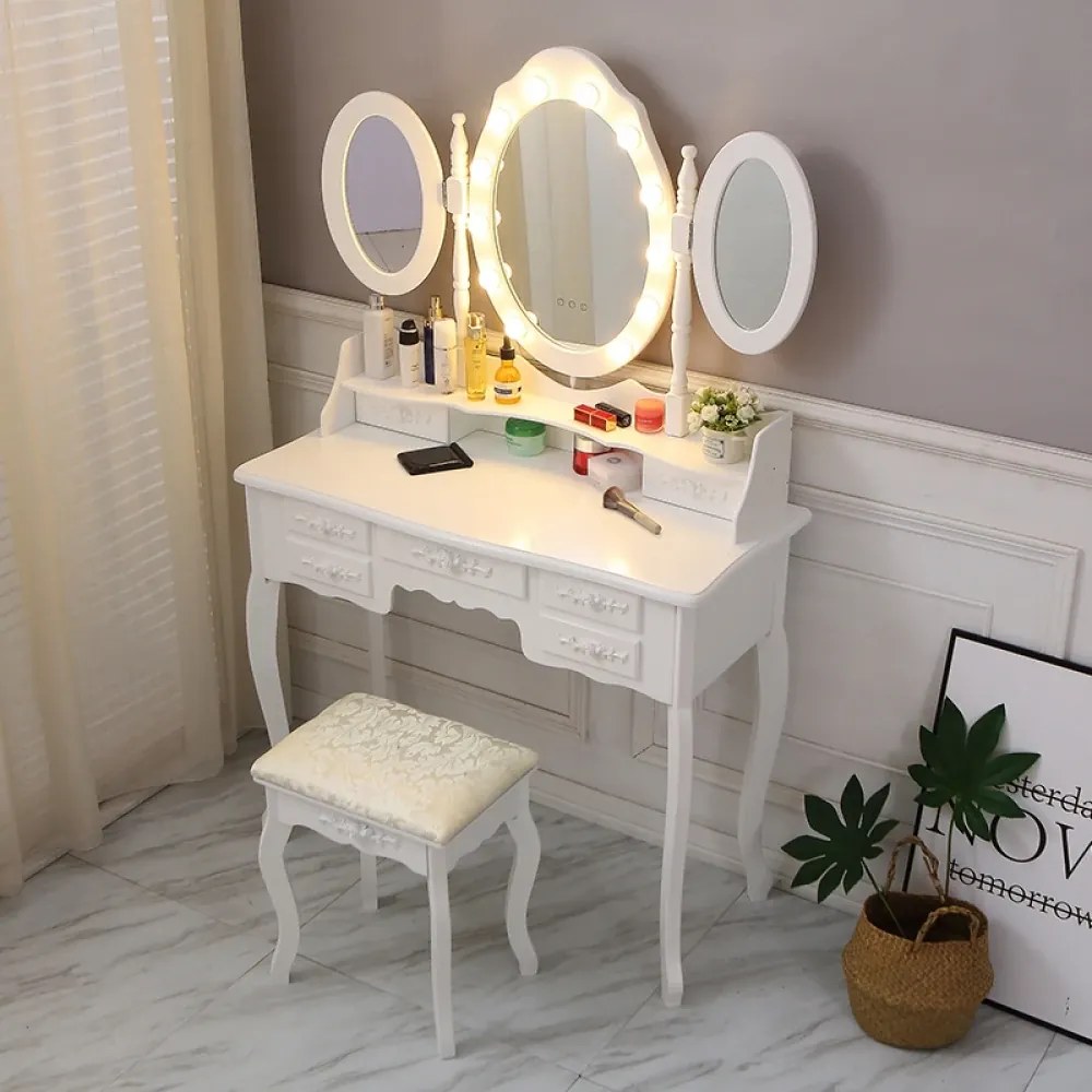 RESIGILAT- Set ILINCA, Masă de toaletă cu 3 oglinzi, iluminare LED, control touch, 7 sertare, scaun, Alb