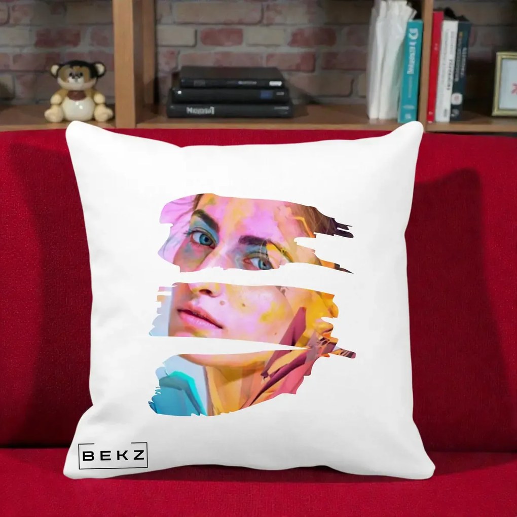 Perna decorativa Portret Femeie Fragmentat Colorat, 40x40 cm cu Umplutura, Alb Mat, BEKZ