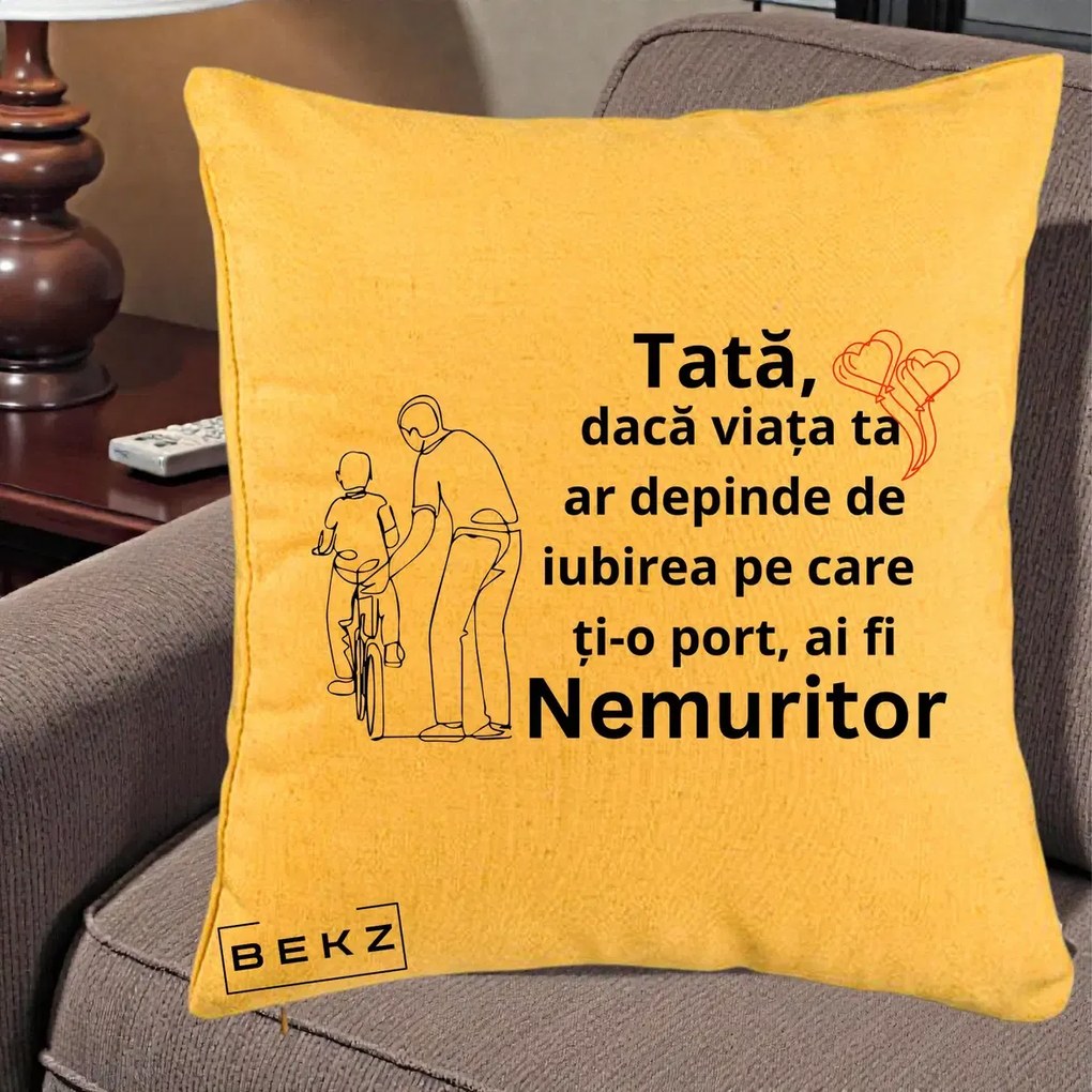Cadou pentru Tata - Perna Personalizata Tata Nemuritor Bicicleta, 40x40 cm, Galben, Husa Detasabila, Perna Inclusa, BEKZ®