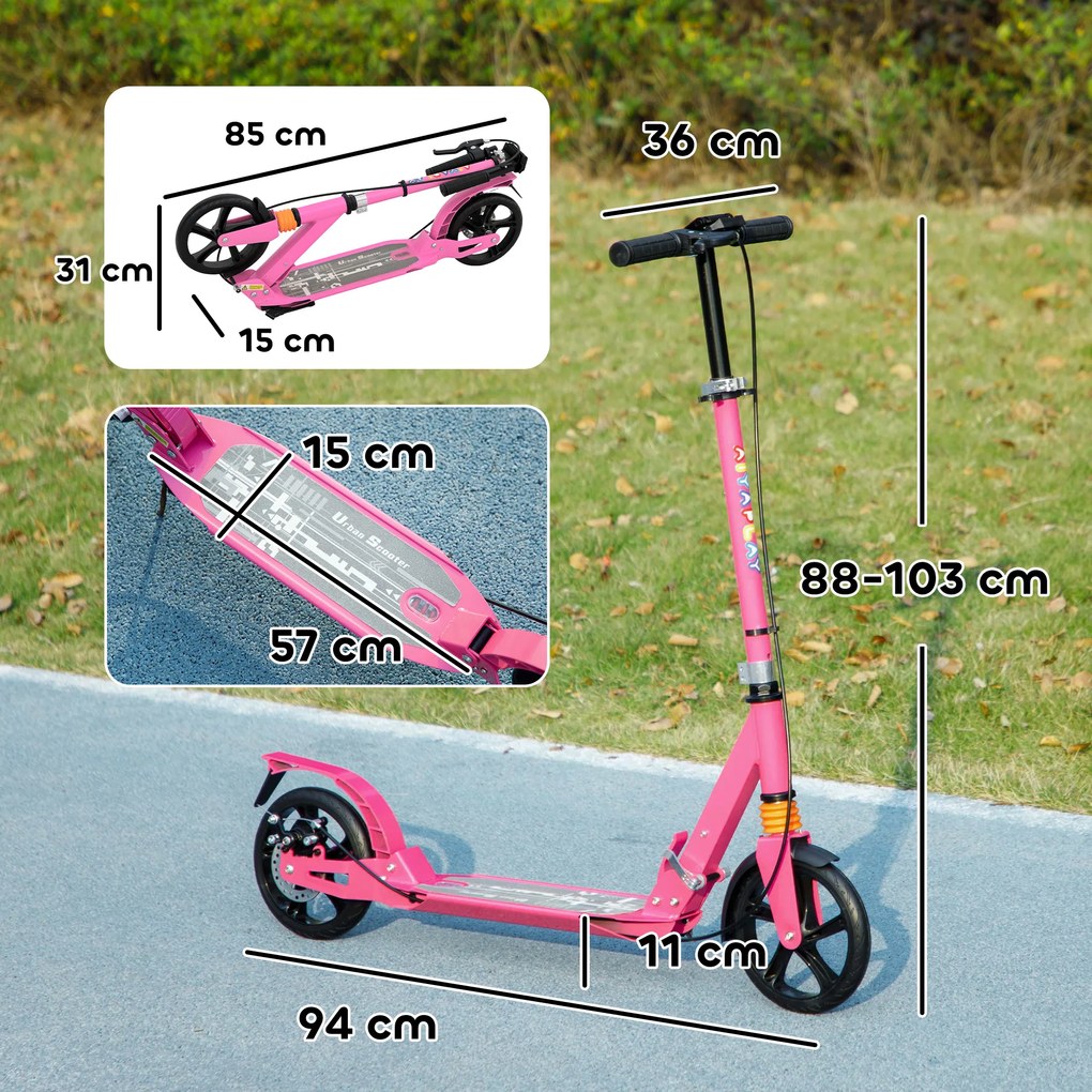 AIYAPLAY Trotinetă copii Scooter cu mânere reglabile trotinetă pliabilă pentru copii 6-12 ani 94 x 36 x 88-103 cm Roz | Aosom Romania