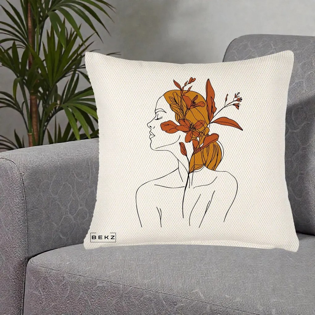 Perna Decorativa Portret Feminin Crin Ruginiu Auriu, 40x40 cm, Crem Reliefat, Husa Detasabila, Perna Inclusa, BEKZ®